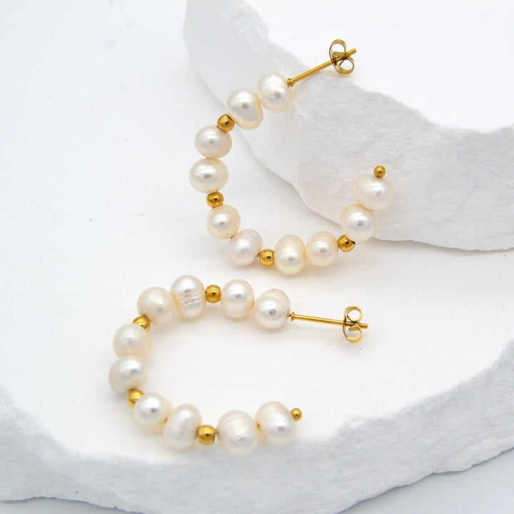 "Delia " - Natural Pearls Beads Hoop Earrings - Aella Design Jewelry