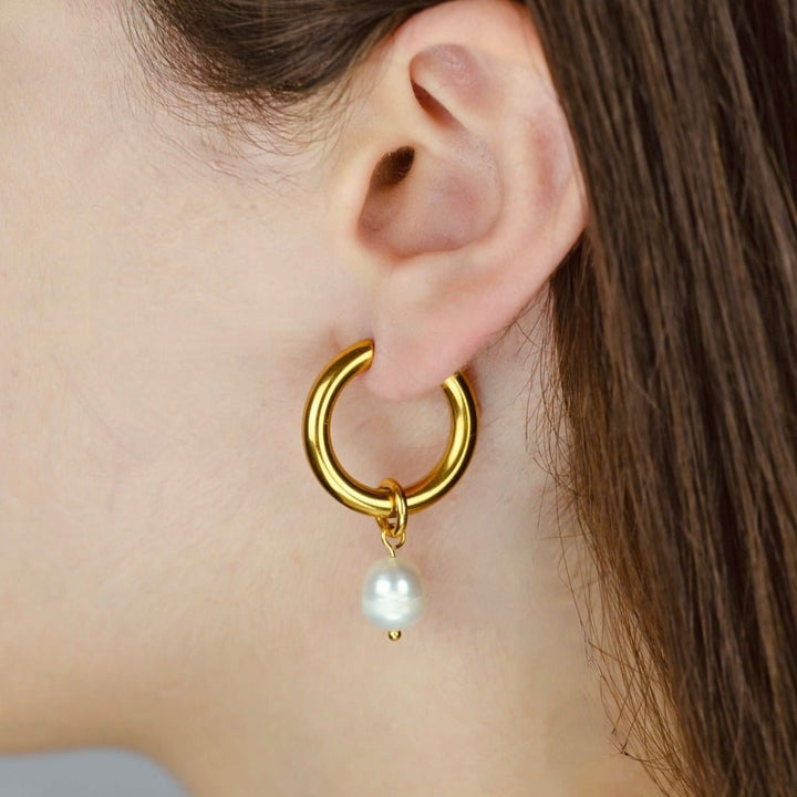 "Venus " - Natural Pearl Drop Dangle Hoop Earrings - Aella Design Jewelry