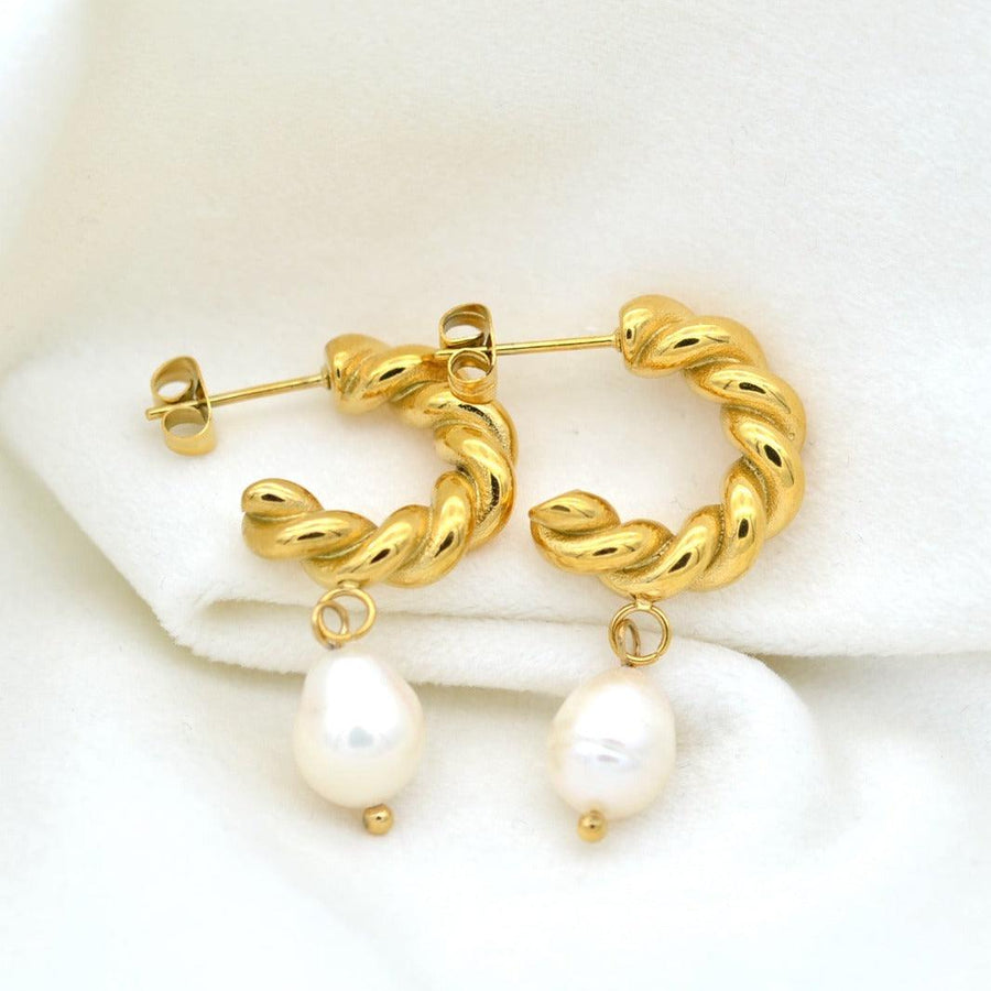 "Aktaia" - Freshwater Pearl Drop Hoop Earrings - Aella Design Jewelry