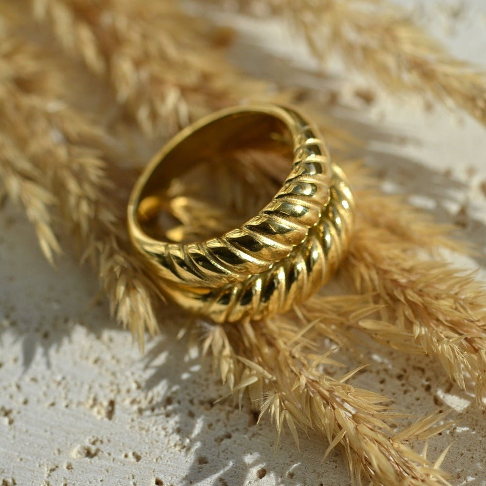 "Helen" - Engraved Croissant Statement Double Ring - Aella Design Jewelry