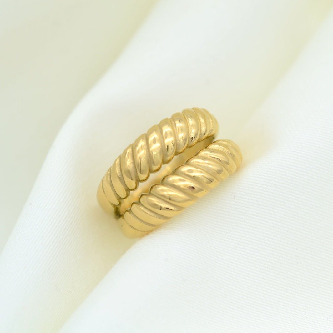 "Helen" - Engraved Croissant Statement Double Ring - Aella Design Jewelry