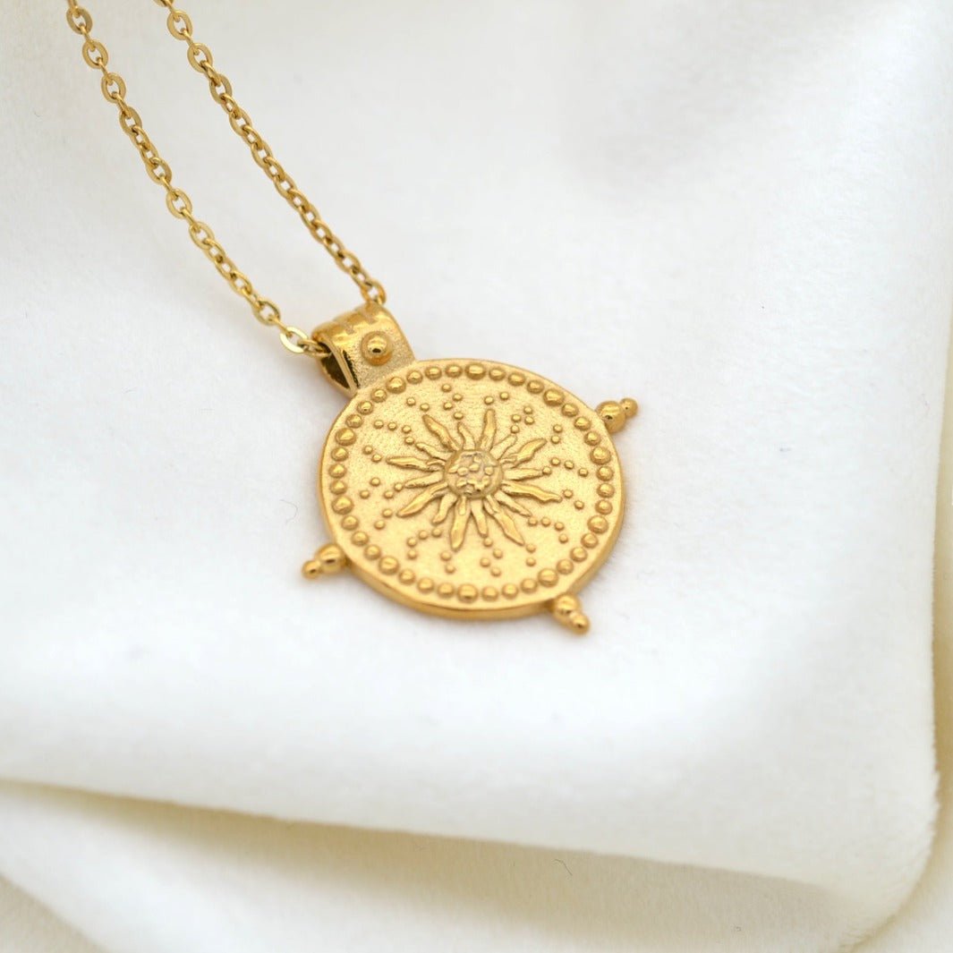 "Helios " - Vintage Sun Coin Pendant Necklace - Aella Design Jewelry