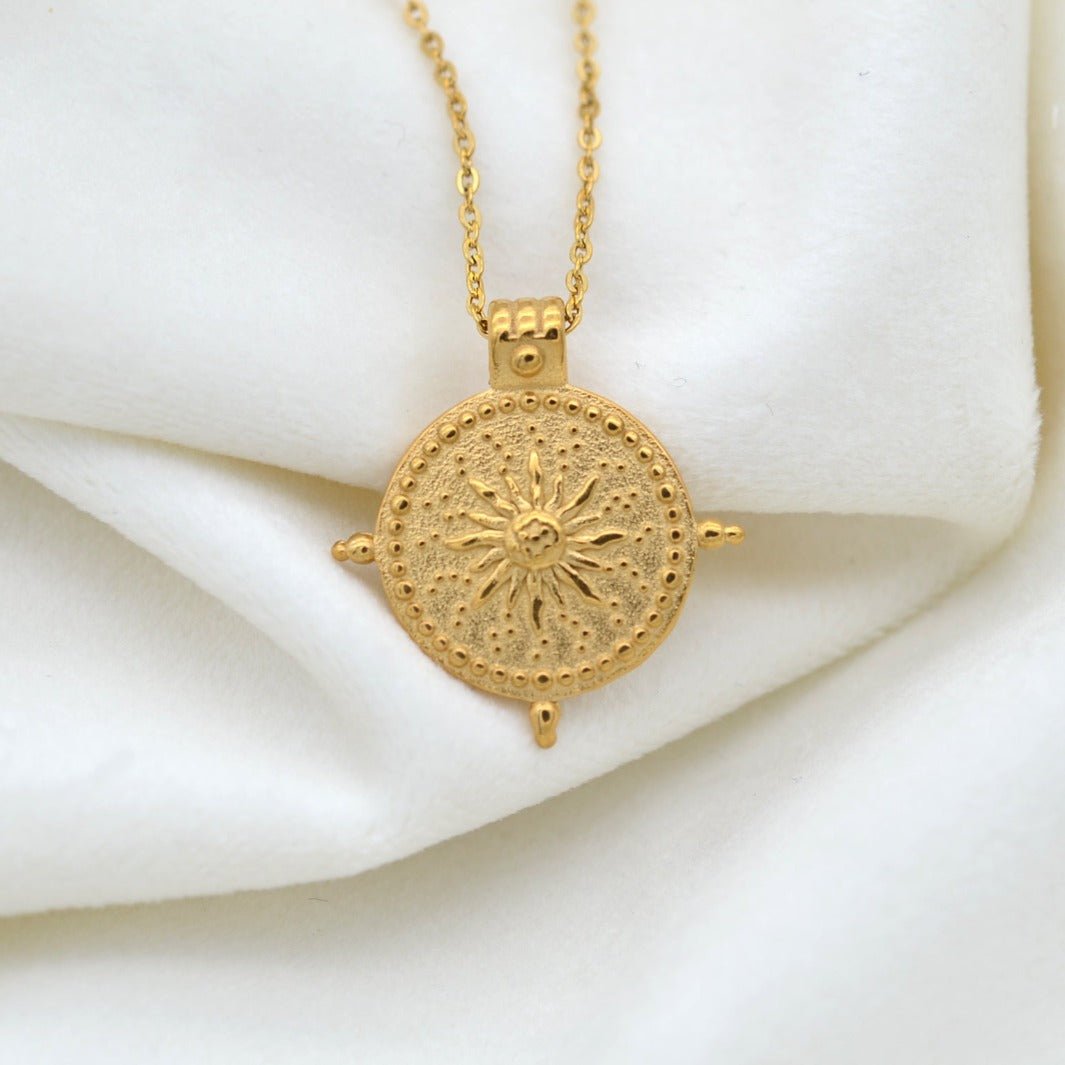 "Helios " - Vintage Sun Coin Pendant Necklace - Aella Design Jewelry