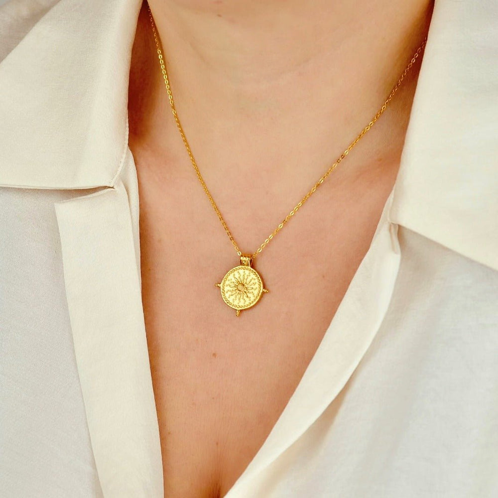 "Helios " - Vintage Sun Coin Pendant Necklace - Aella Design Jewelry