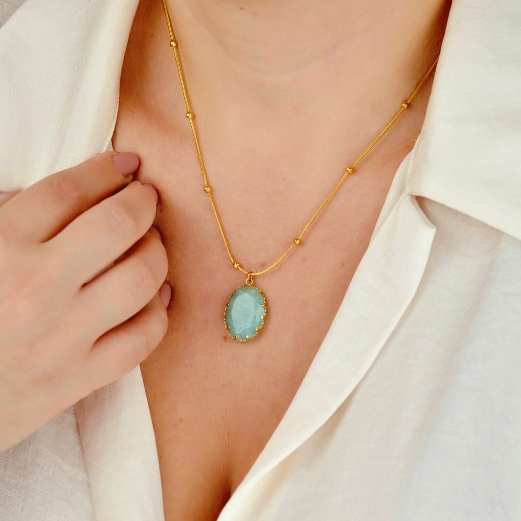 "Livia" - Blue Natural Amazonite Stone Pendant - Aella Design Jewelry