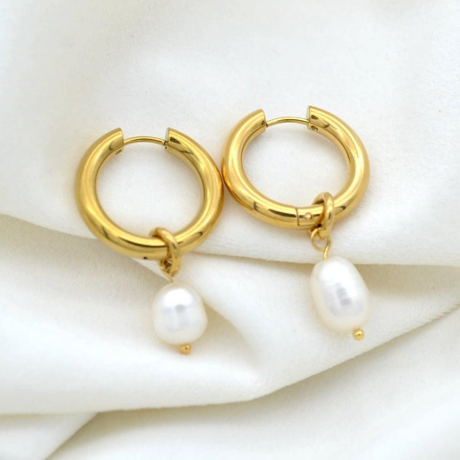 "Venus " - Natural Pearl Drop Dangle Hoop Earrings - Aella Design Jewelry